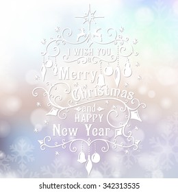 Merry Christmas congratulations card on blurry snowfall background. Vector illustration
