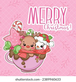Merry Christmas congratulations, deer, snowman, star, bow and cup.