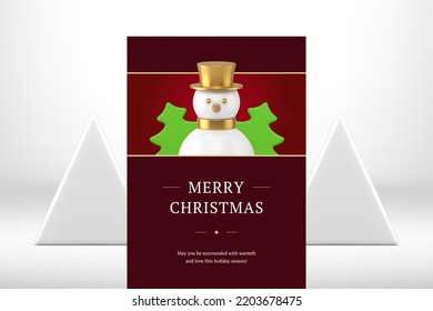 Merry Christmas congratulations greeting card design snowman Xmas toy realistic 3d icon vector illustration. Happy New Year premium poster green Xmas spruce toy decor with place for text