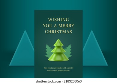 Merry Christmas congratulations premium greeting card template green spruce decorative design realistic 3d icon vector illustration. Traditional winter holiday festive congrats poster fir tree forest
