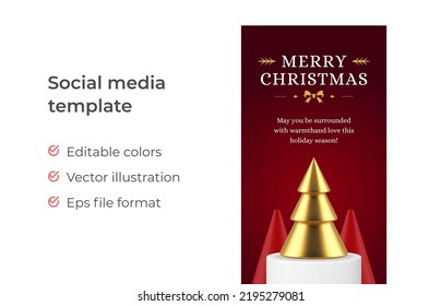Merry Christmas congratulations social media stories template Xmas spruce realistic 3d icon vector illustration. Happy New Year celebration red web banner golden fir tree on pedestal decorative design