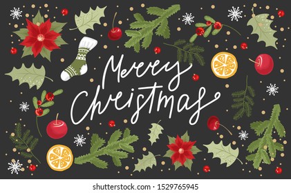 Merry Christmas congratulations. Winter holiday card with calligraphy and hand-drawn design elements. Greeting card, invitation.