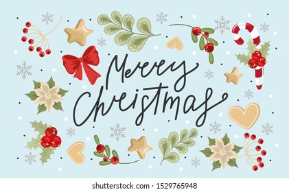 Merry Christmas congratulations. Winter holiday card with calligraphy and hand-drawn design elements. Greeting card, invitation.
