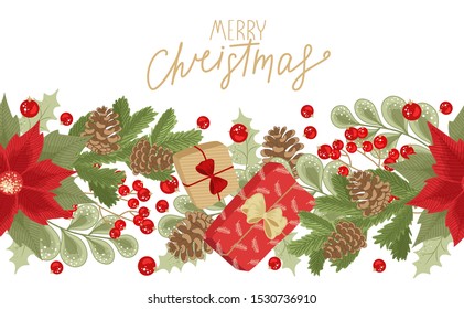 Merry Christmas congratulations. Winter holiday card with calligraphy and hand-drawn design elements. Greeting card, invitation.