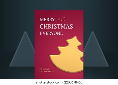 Merry Christmas congratulations winter holiday celebration greeting card red design realistic 3d icon vector illustration. Golden Xmas spruce bauble Happy New Year poster best wishes curved ornate