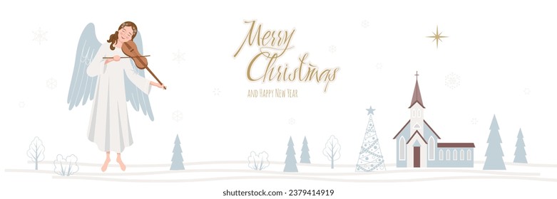 Merry Christmas! Congratulatory poster, banner with an angel and a winter landscape on the background. Vector illustration.