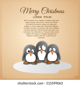 Merry Christmas congratulatory poster with text three cute penguins and snow isolated vector illustration