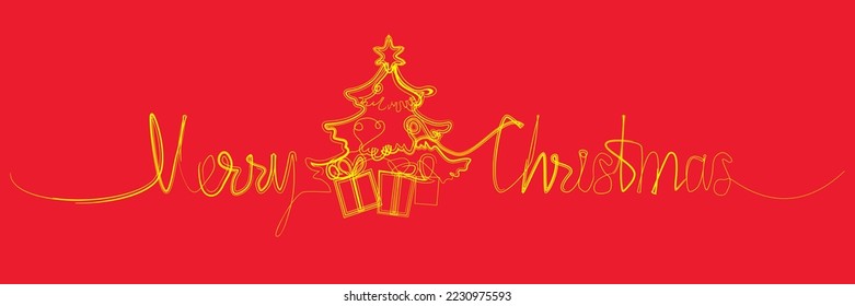 Merry Christmas. continuous line design. Christmas tree with toys and gifts.