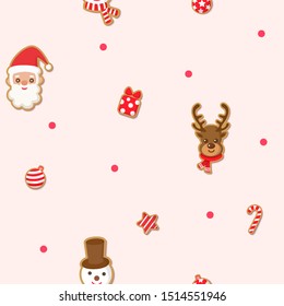 Merry Christmas with cookies design to santa claus, reindeer, snowman and ornaments for seamless pattern