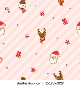 Merry Christmas with cookies design to santa claus, reindeer, snowman and ornaments pink stripe background for seamless pattern