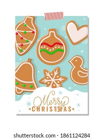 Merry Christmas cookies made of gingerbread biscuits vector. Snowflake ornaments and heart with topping, bird and bell, cone bauble ball toy decor