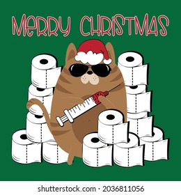 Merry Christmas - Cool cat in Santa's hat with vaccines and toilet papers. Funny greeting card for Christmas in covid-19 pandemic self isolated period.