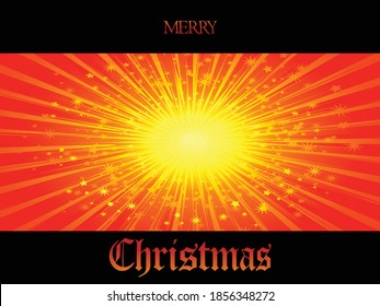Merry Christmas; Copy Space Panel With Golden Star Burst Stars And Rays Over Black Background With Decorative Text