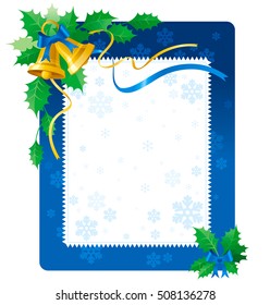 Merry Christmas corner frame with ribbon, snowflake, holly berry, jingle bells xmas decoration. Abstract vector blue background. Modern elegant illustration. Copy space for text.
