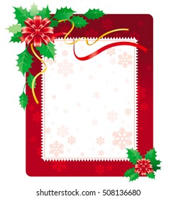 Merry Christmas corner frame with ribbon, snowflake, holly berry, gift bow xmas decoration. Abstract vector red background. Modern elegant illustration. Copy space for text.
