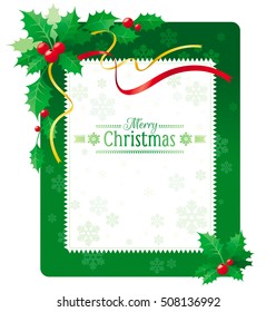 Merry Christmas corner frame with ribbon, snowflake, holly berry xmas decoration. Abstract vector green background. Modern elegant illustration. Copy space for text.
