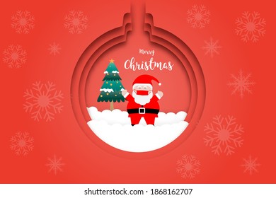 Merry Christmas in coronavirus pandemic. Vector illustration of Santa Claus wearing face mask  and pine tree. 