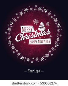 Merry Christmas corporate greeting card. Glowing red background with Christmas tree and snowflakes. Your logo template