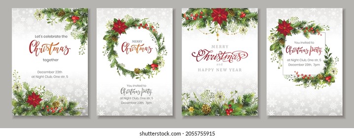 Merry Christmas Corporate Holiday cards, flyers and invitations. Design templates for festive frames and backgrounds. Vector illustration.