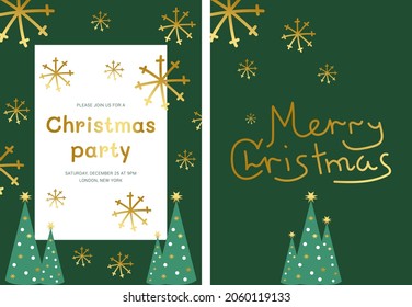 Merry Christmas Corporate Holiday cards and invitations. Xmas and New 2022 Year celebration preparation. Vector flat cartoon style, Christmas tree, golden snowflakes.