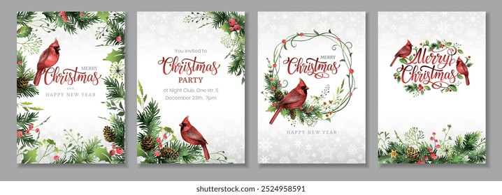 Merry Christmas Corporate Holiday cards, flyers and invitations. Cardinal birds. Floral festive frames and backgrounds design. Vector illustration.
