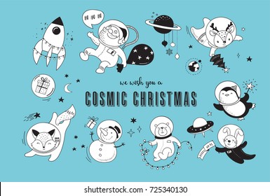 Merry Christmas - Cosmic Xmas, space winter illustrations, Santa, Penguin, Deer, Fox and space ship 