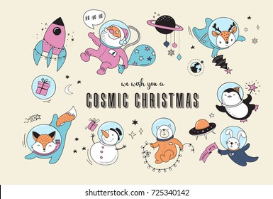 Merry Christmas - Cosmic Xmas, Space Winter Illustrations, Santa, Penguin, Deer, Fox And Space Ship 