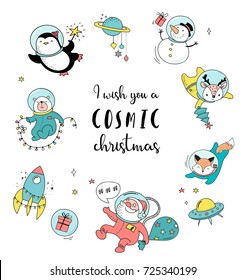 Merry Christmas - Cosmic Xmas, space winter illustrations, Santa, Penguin, Deer, Fox and space ship 