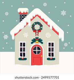 Merry Christmas Cottage Snowy Holiday Vector Design