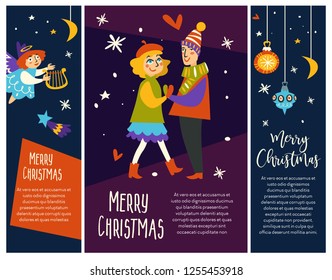 Merry Christmas couple man and woman dancing together vector pair in love angelic girl with harp flying above people in love snowing weather blizzard and shooting stars starry night and baubles.