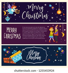 Merry Christmas couple man and woman dancing together vector pair in love angelic girl with harp flying above people in love snowing weather blizzard and shooting stars starry night and baubles.