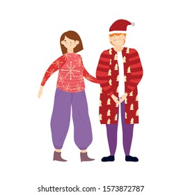 merry christmas couple with warm clothes vector illustration