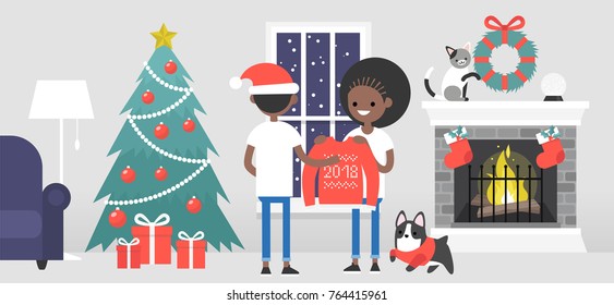 Merry christmas. A couple of young black characters celebrating the Xmas. Decorated guest room with a fireplace. Pets. Cozy interior. Flat editable vector illustration, clip art