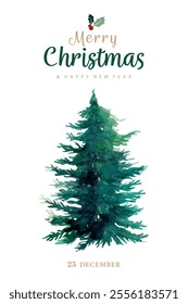 Merry Christmas cover background with text pine tree decoration, watercolor painting design 