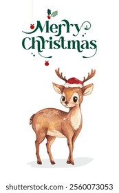 Merry Christmas cover design with cute reindeer wearing santa hat, watercolor painting design on white background 