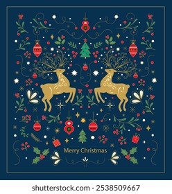 Merry Christmas cover design with Christmas deers, toys and decorative branches. Christmas illustration in Scandinavian style with Christmas tree and reindeer.