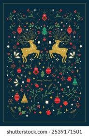 Diseño de cubierta de Navidades alegres con ciervos de Navidades, juguetes y ramas decorativas. Ilustración de Navidades en estilo escandinavo con árbol de Navidad y renos.	