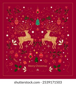 Diseño de cubierta de Navidades alegres con ciervos de Navidades, juguetes y ramas decorativas. Ilustración de Navidades en estilo escandinavo con árbol de Navidad y renos.	
