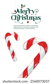 Merry Christmas cover design with text and candy cane decoration, watercolor design, on white background