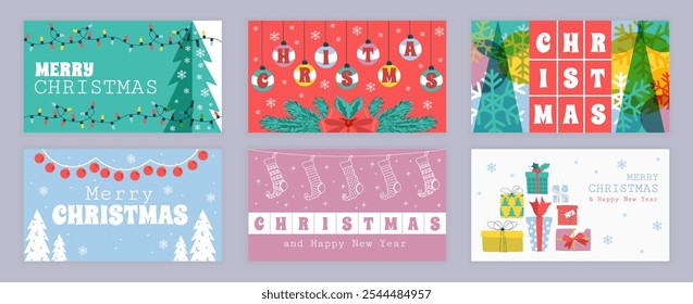 Merry Christmas cover template for social media. Xmas greeting cards with holiday garlands, pine trees, hanging balls, bow fir branches, winter forest, preset socks, gift boxes. Vector illustration.