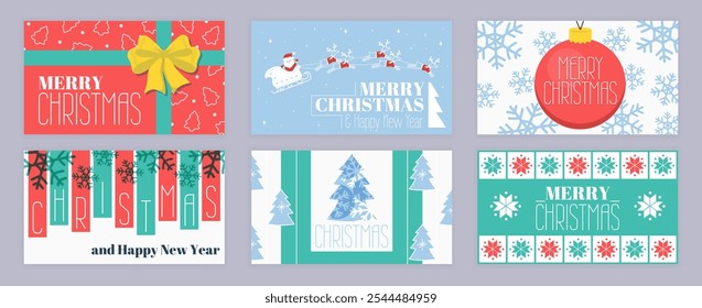 Merry Christmas cover template for social media. Xmas greeting cards with gift with ribbon bow, Santa Claus in sled, hanging ball, snowflakes, abstract pines and holiday patterns. Vector illustration.