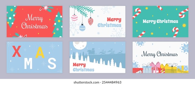 Merry Christmas cover template for social media. Xmas greeting cards with abstract festive fir trees, pine branches with balls, candy, gifts, winter forest with Santa Claus sled. Vector illustration.