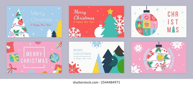 Merry Christmas cover template for social media. Xmas greeting cards with abstract fir trees with toys and holly, hanging ball, snowflakes, gift boxes, holiday seasonal patterns. Vector illustration.