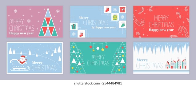 Merry Christmas cover template for social media. Xmas greeting cards with holiday patterns, gifts with socks, candy canes, balls, Santa Claus in sled at forest, winter houses. Vector illustration.