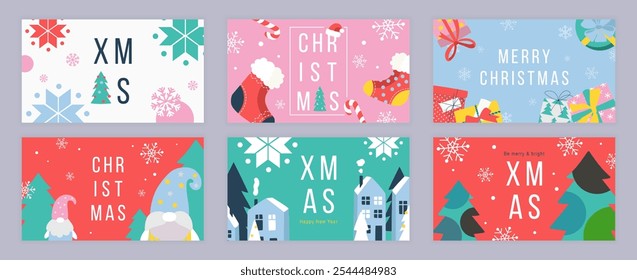 Feliz Natal modelo de capa para a mídia social. Xmas cartões de saudação com abeto com bolas de brinquedo, flocos de neve abstratos, caixas de presente, meias, doces, gnomos em chapéus, casas de inverno. Ilustração vetorial.