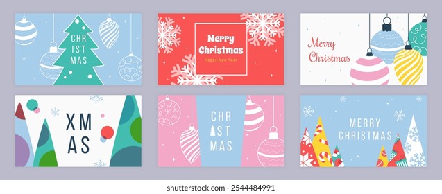 Merry Christmas cover template for social media. Xmas greeting cards with abstract pine trees with balls, hanging toys decor, Santa hats, snowflakes, candy canes, gifts patterns. Vector illustration.