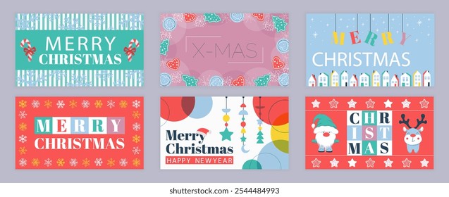 Merry Christmas cover template for social media. Xmas greeting cards with holiday patterns, gingerbread cookies, winter houses, snowflakes, hanging decor, reindeer and gnome. Vector illustration.