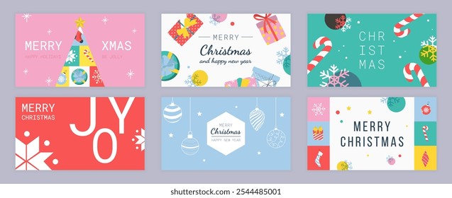 Merry Christmas cover template for social media. Xmas greeting cards with abstract fir trees with decor, hanging socks, candy canes and toy balls, gift boxes, winter snowflakes. Vector illustration.
