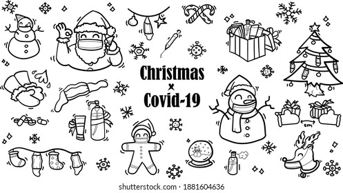Merry Christmas Covid-19 Corona Virus Outline Set vector illustrations icons