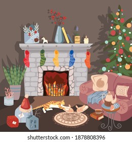 Merry Christmas! Cozy interior with a Christmas tree and a cat lying near the fireplace. Christmas decorations in the hygge house. Lounge with a rug on an armchair and gift boxes. Vector illustration 